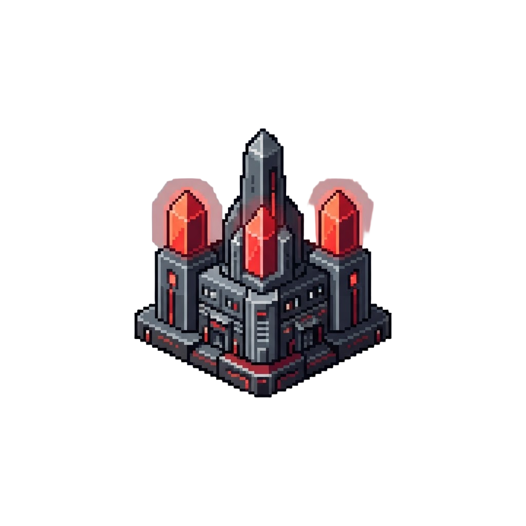 A Futuristic Red-lit City Square with Glowing Architectural Monoliths