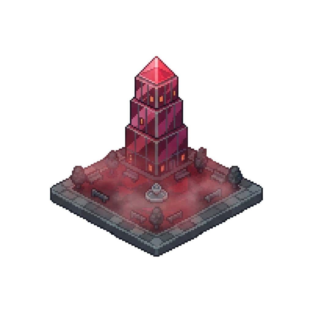 A Misty Red-lit Urban Plaza with Towering Glass Towers