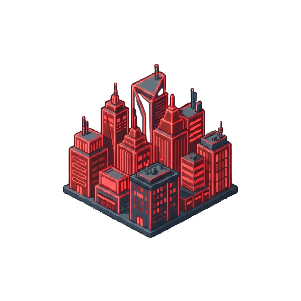 A Glowing Red Neon Skyline of Geometric Skyscrapers