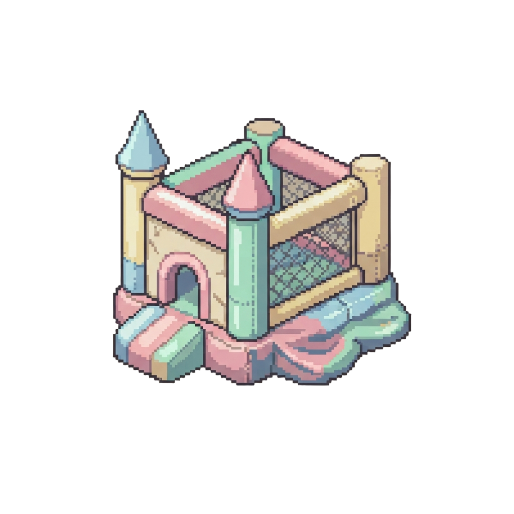 A Desolate Pastel Bouncy Castle in a Giant Windowless Tiled Hall