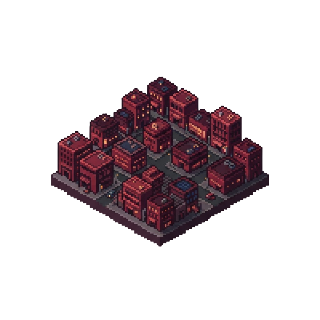 A Silent Red-hued Downtown Grid Bathed in Ruby Twilight