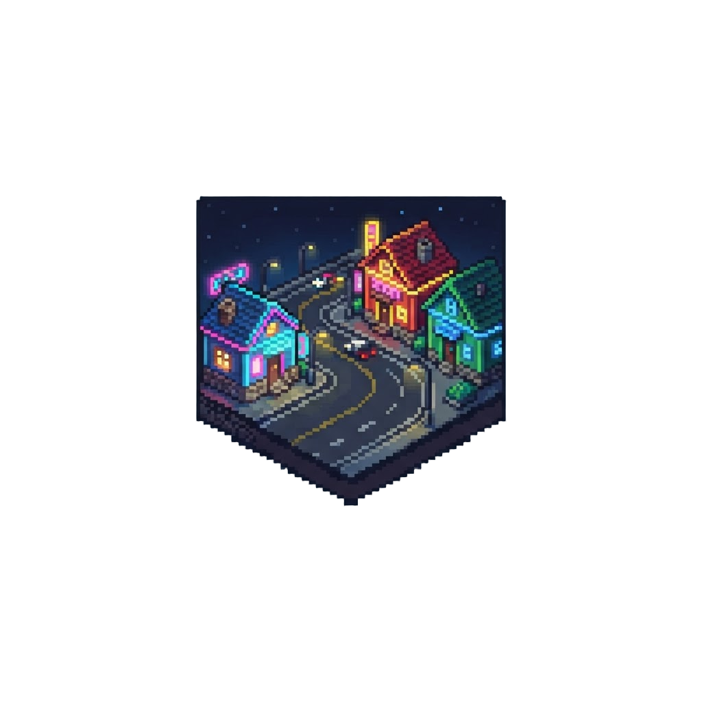 A Neon-lit Highway Lined with Vibrant Colorful Houses