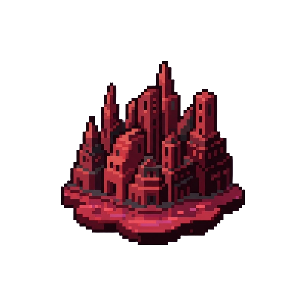 A Surreal Crimson Cityscape with Reflective Red Street Puddles