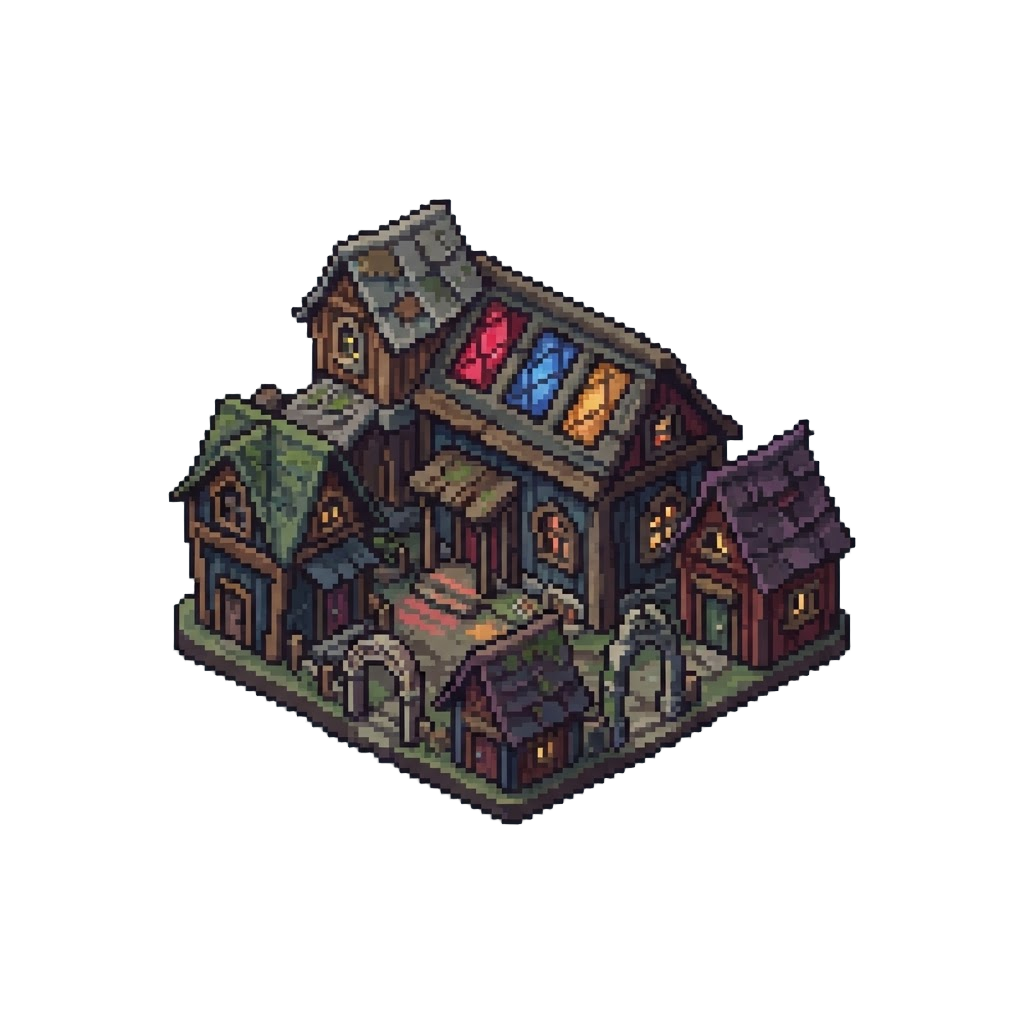 An Uncanny Playhouse Village Under Dim Colorful Skylights