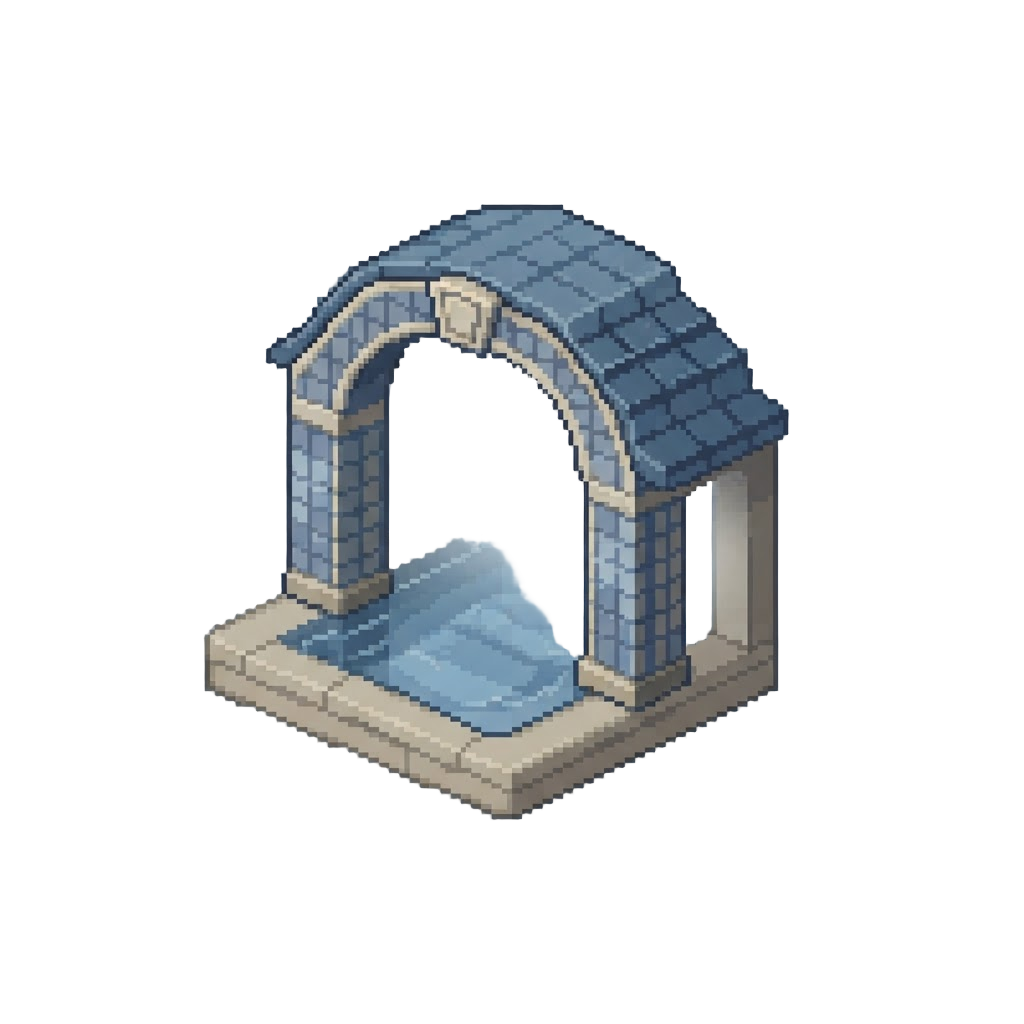 A Tranquil Tiled Archway Pool Stretching Into Gentle Mist
