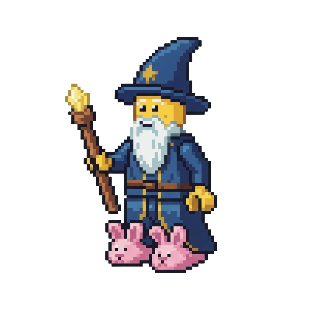 A Lego Wizard Wearing Fuzzy Pink Bunny Slippers