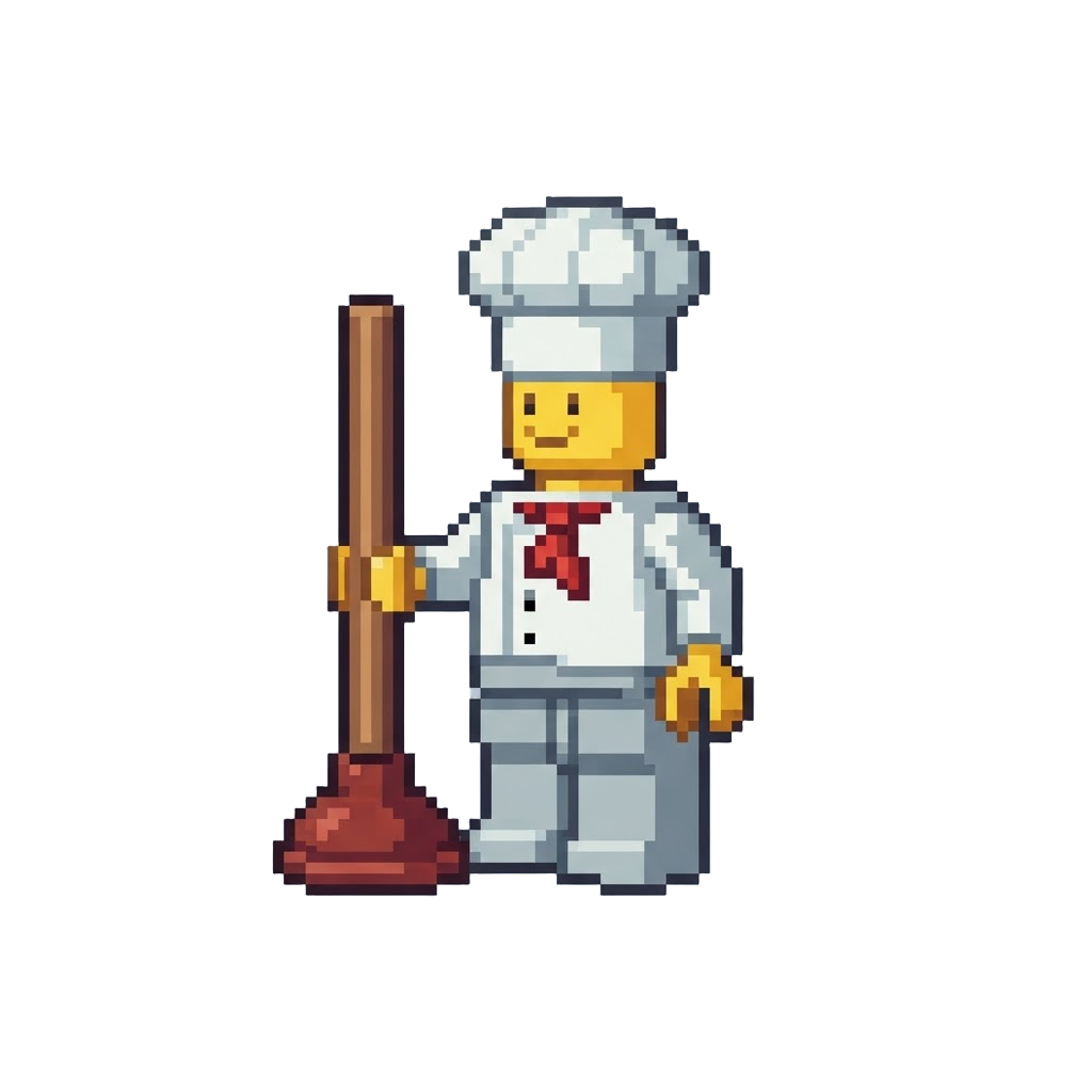 A Lego Figure with a Chef Hat and a Giant Plunger
