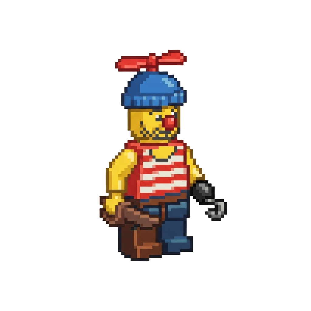 A Lego Pirate with a Clown Nose and Propeller Hat