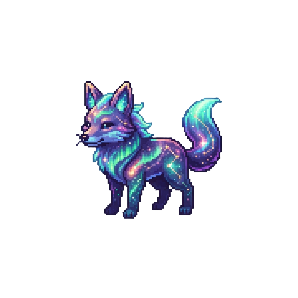A Celestial Nebular Fox Shimmering with Aurora Borealis Light