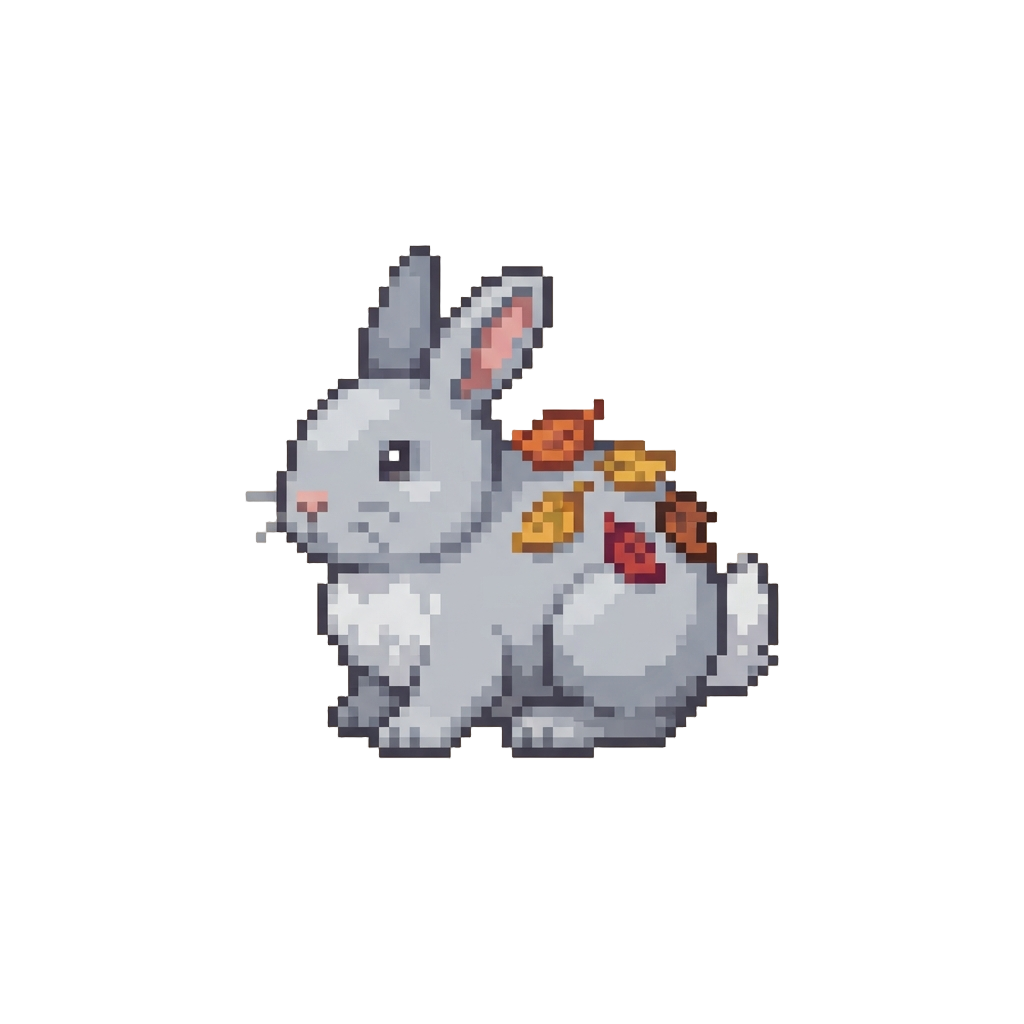 A Soft Gray Rabbit with Fallen Leaves on Its Back