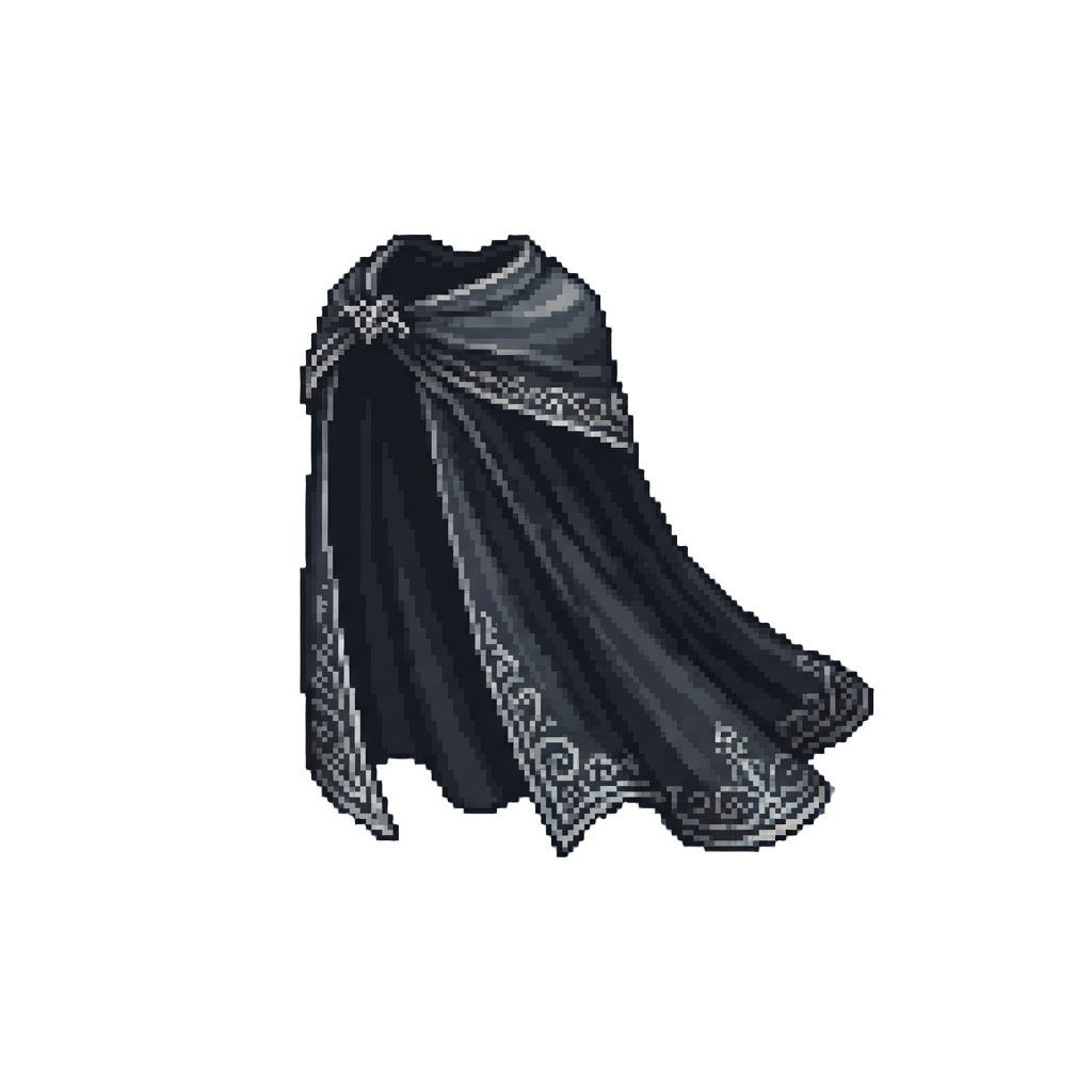 A Flowing Midnight-black Silk Cloak with Silver Embroidery