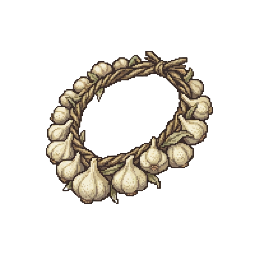 A Dusty Garlic Wreath Mistakenly Worn Like a Necklace