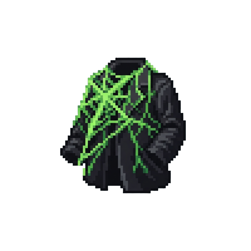 A Cluster of Glowing Green Cobwebs Draped Over Black Coat