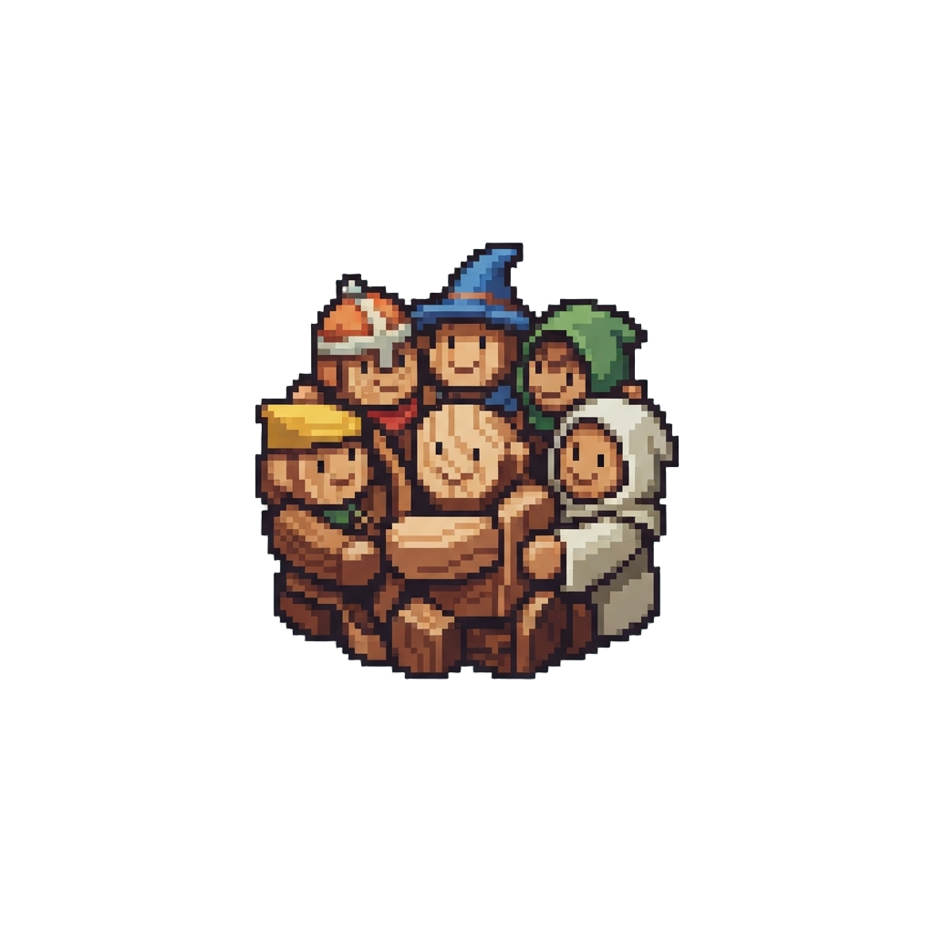 A Cheerful Pile-on Group Hug with Oversized Wooden Toy Players