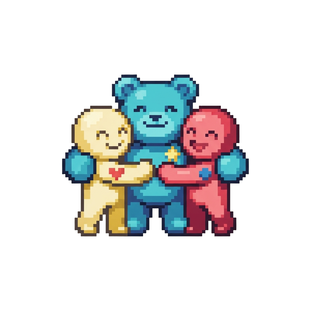 A Triumphant Group Hug with Friendly Giant Mascot Figures