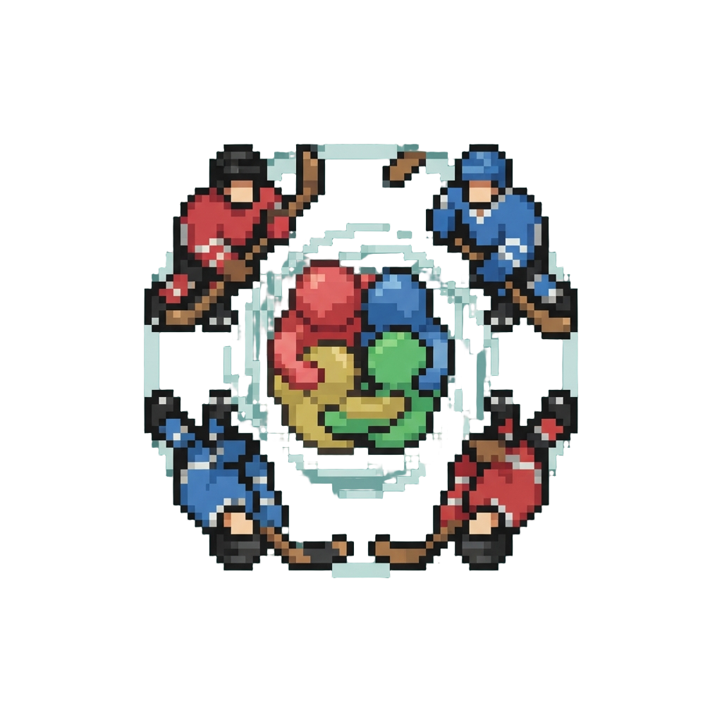 A Spinning Group Hug Surrounded by Large Toy Hockey Players