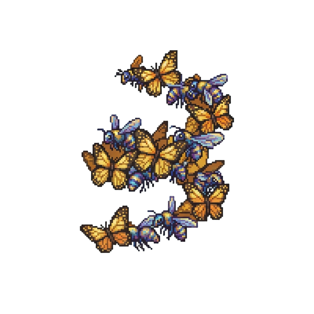 A Swirling Helix of Golden Monarch Butterflies and Iridescent Bees