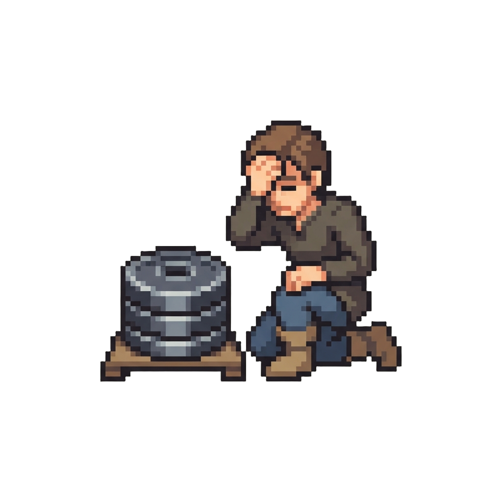 A Facepalm Stance While Kneeling Beside the Weights