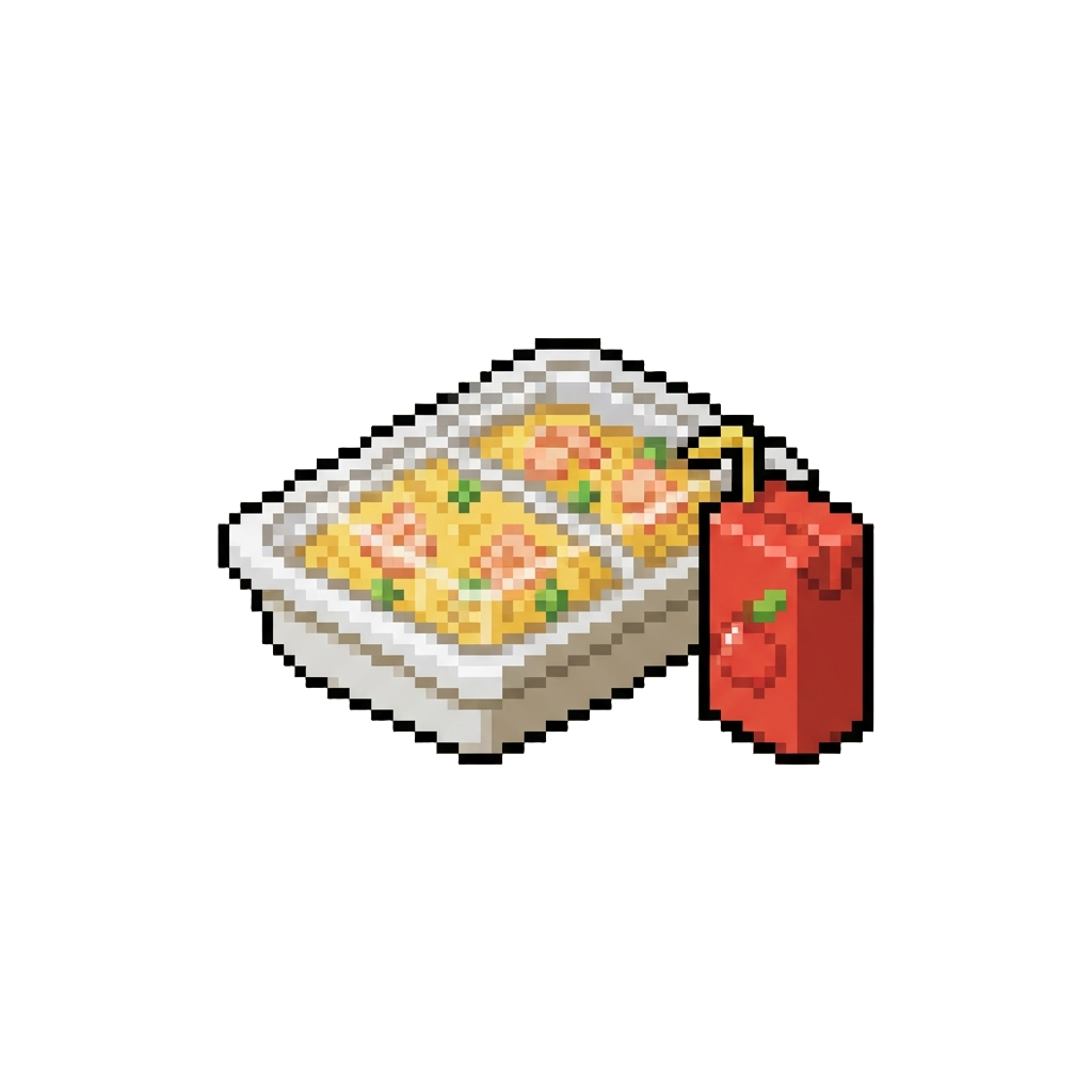 A Microwave Shrimp Fried Rice with an Apple Juice Box