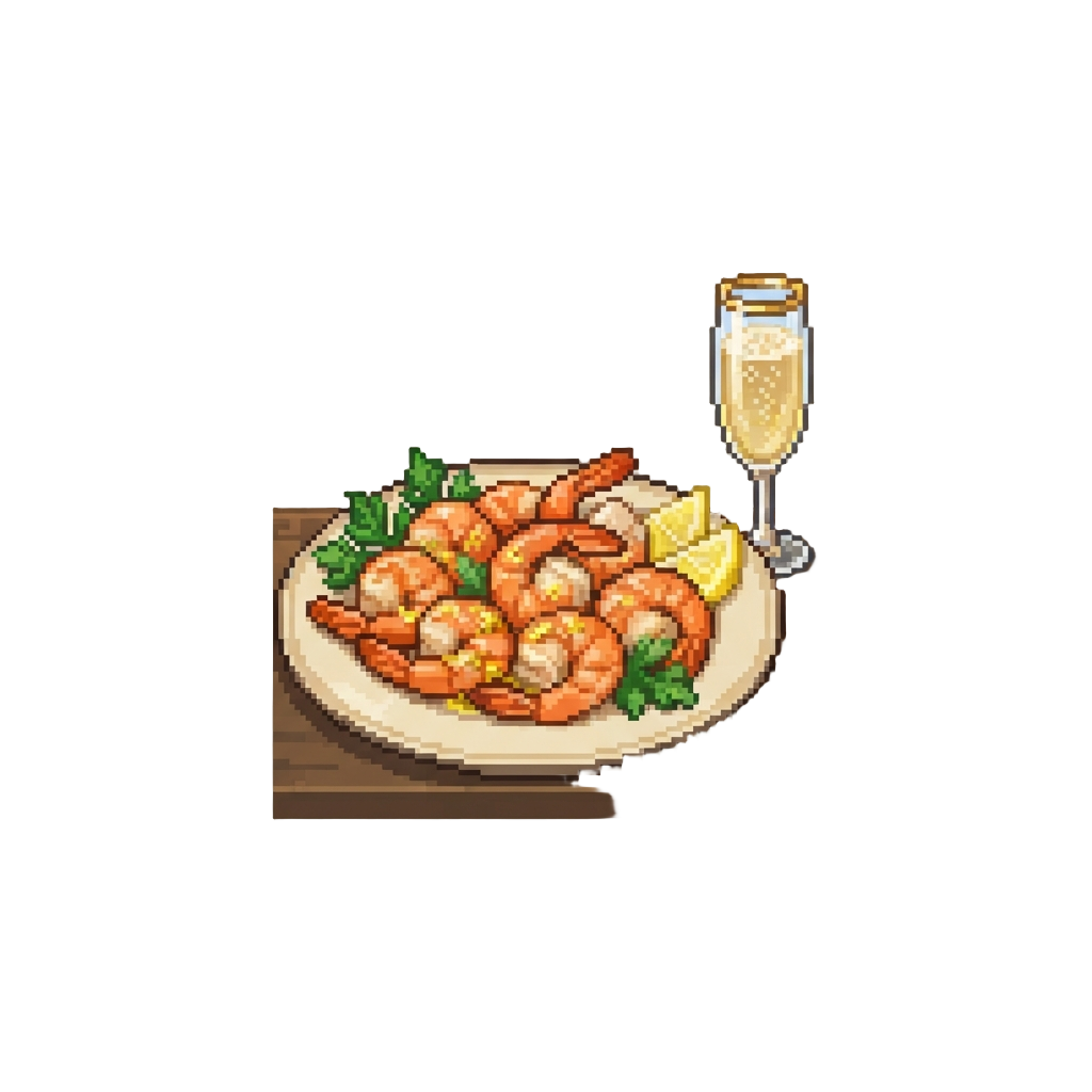A Jumbo Garlic Butter Shrimp Platter with a Glass of Vintage Champagne