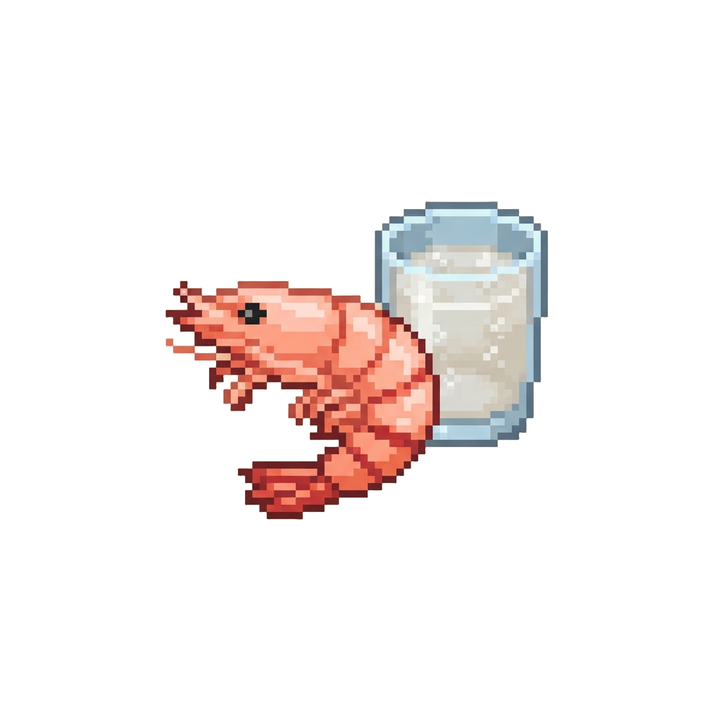A Single Cold Unpeeled Raw Shrimp with a Glass of Cloudy Tap Water