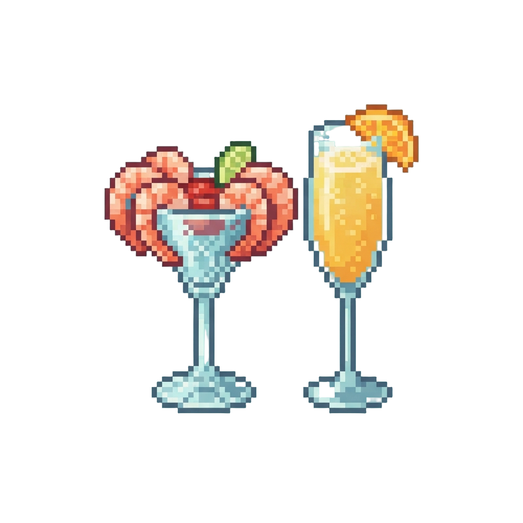 A Gourmet Shrimp Cocktail in a Crystal Glass with a Mimosa