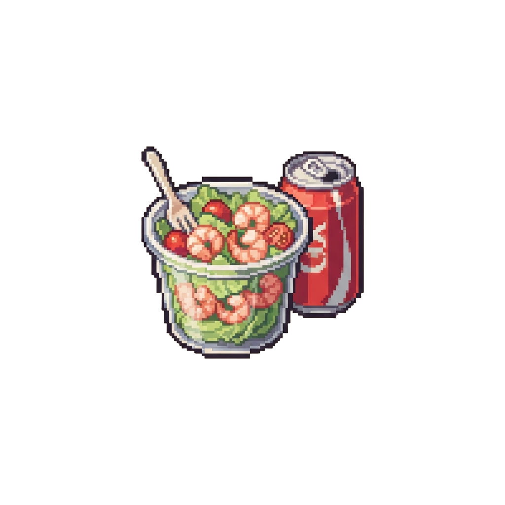 A Basic Shrimp Salad Cup with a Canned Soda