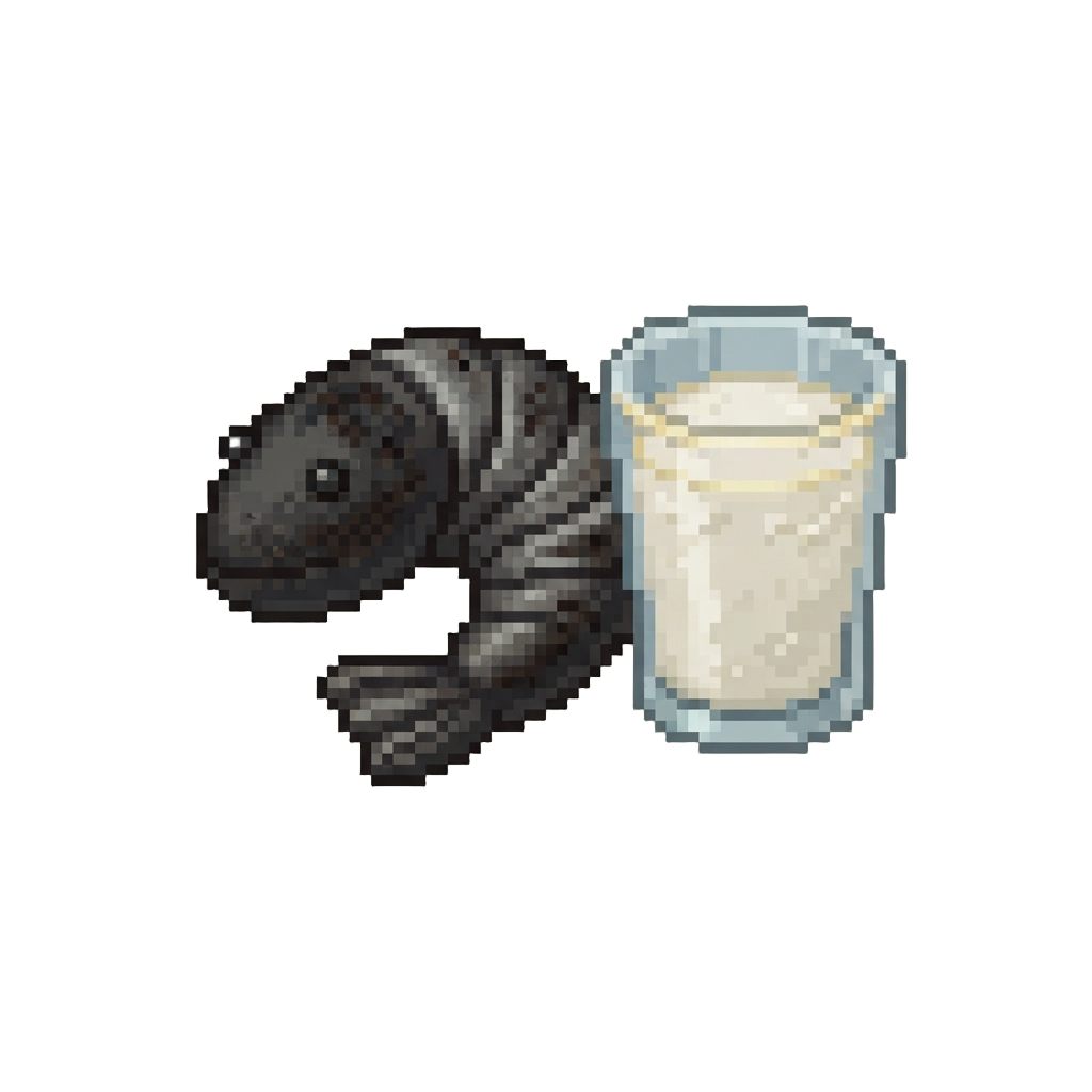 A Burnt Rubber Toy Shrimp with a Glass of Sour Milk