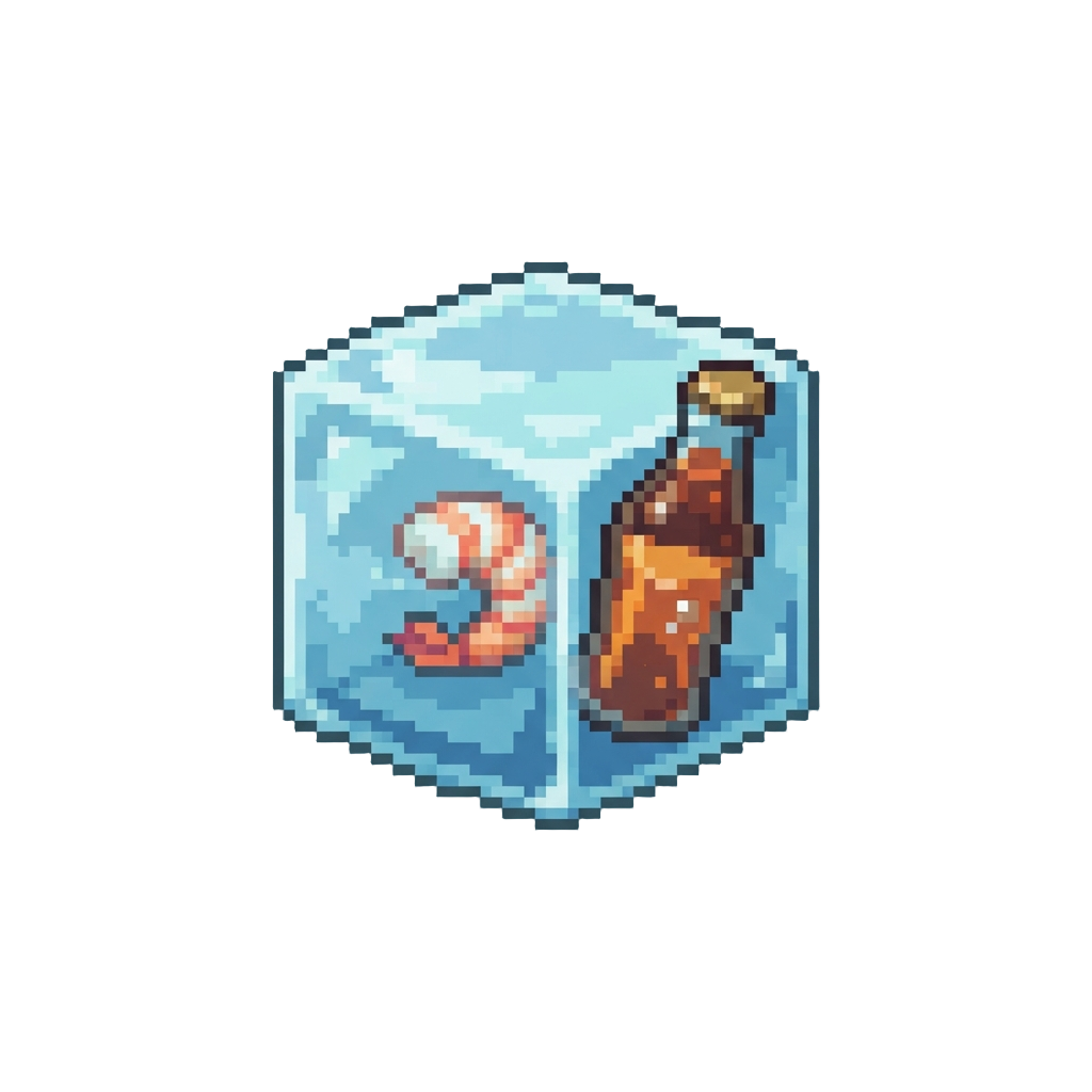 A Frozen Block of Ice with One Shrimp Inside and a Lukewarm Soda