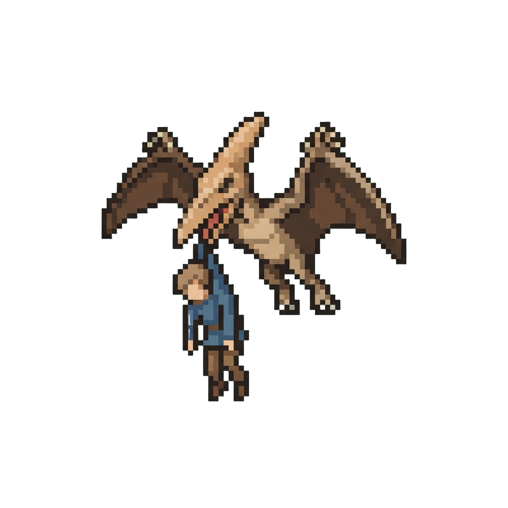 A Giant Pterodactyl Scooping Up @image1 by the Collar and Dangling Them in Mid-air