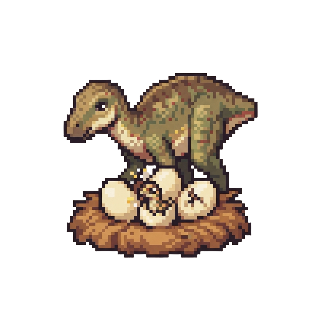 A Peaceful Mother Maiasaura Hovering Over a Nest of Newly Hatching Dinosaur Eggs
