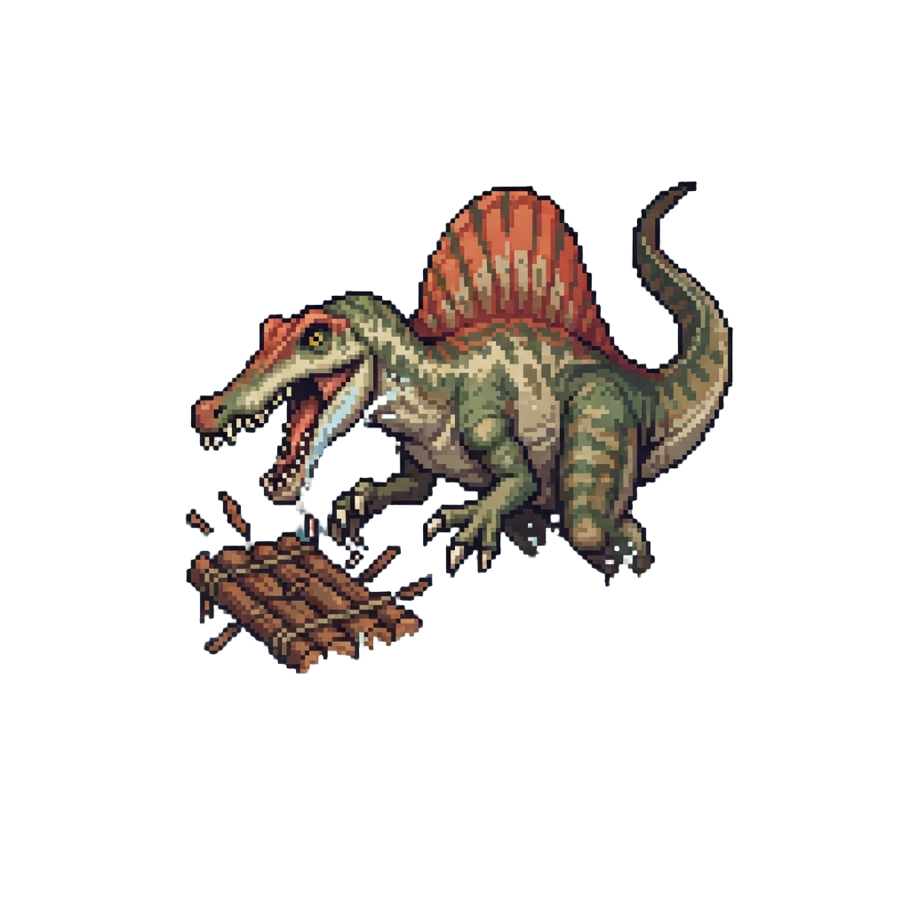 A Spinosaurus Smashing Violently Through the River Water Right at the Raft
