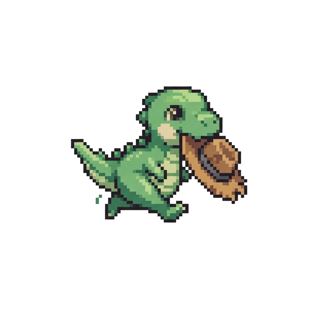 A Playful Baby Dinosaur Grabbing @image1's Hat and Running Off