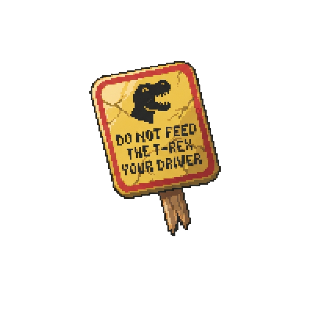 A Humorous Warning Sign Reading 'do Not Feed the T-rex Your Driver' Slamming Into View
