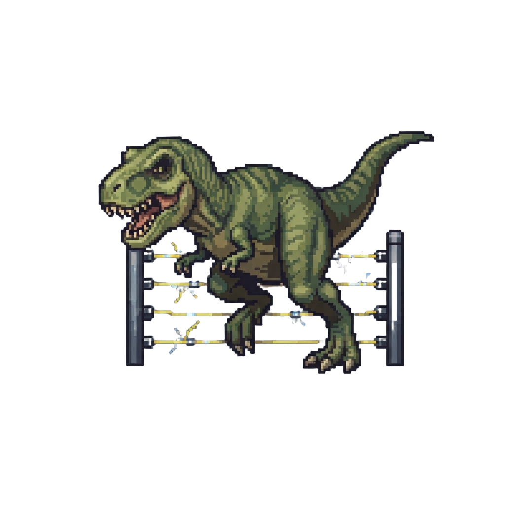 A Ferocious T-rex Charging Out From Behind High-voltage Fences