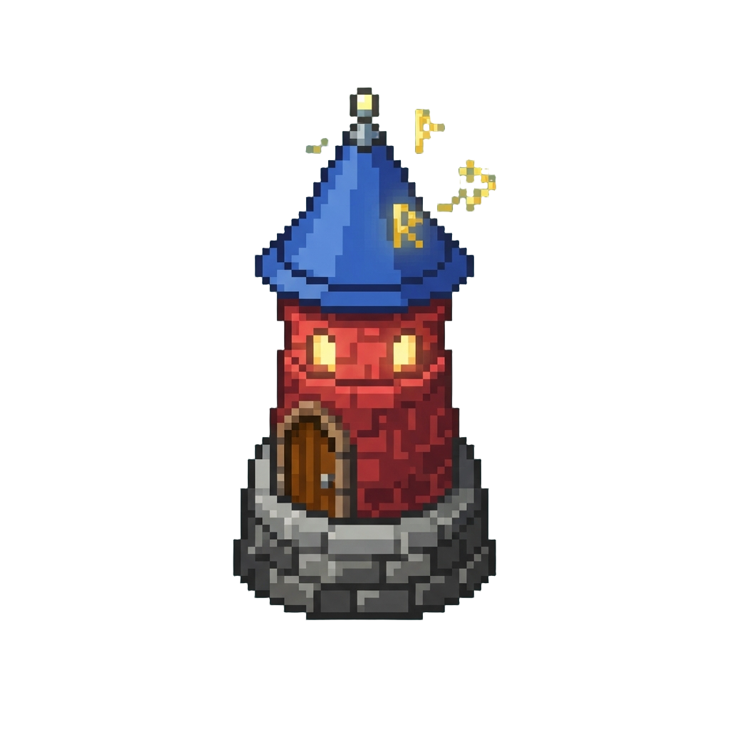 A Detailed Pixelated Wizard Tower with Floating Runes