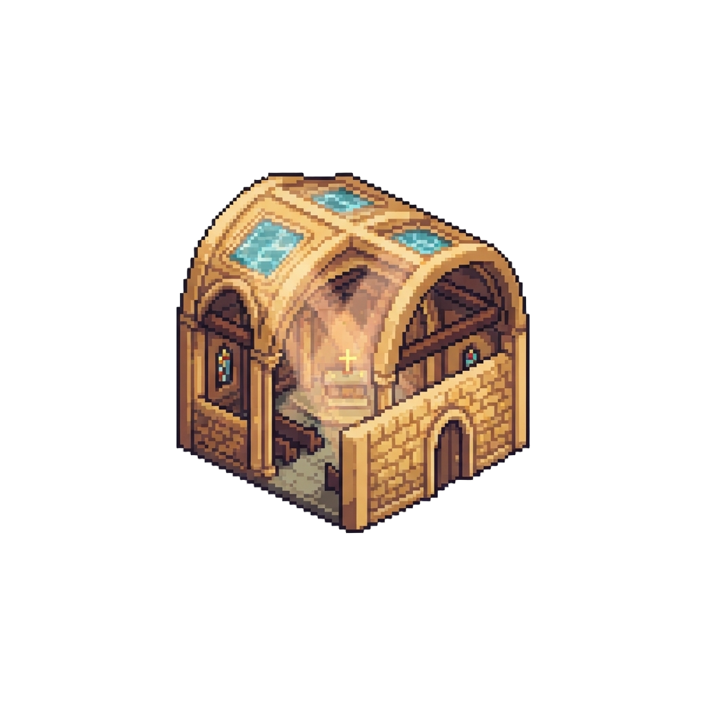 A Vaulted Cathedral Chamber with Warm God-rays Piercing Through Water Skylights