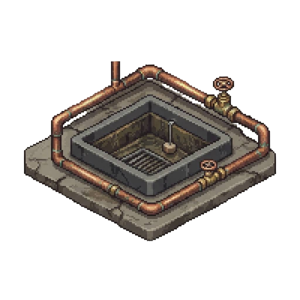 A Dingy Basement Sump Pit Surrounded by Exposed Copper Plumbing