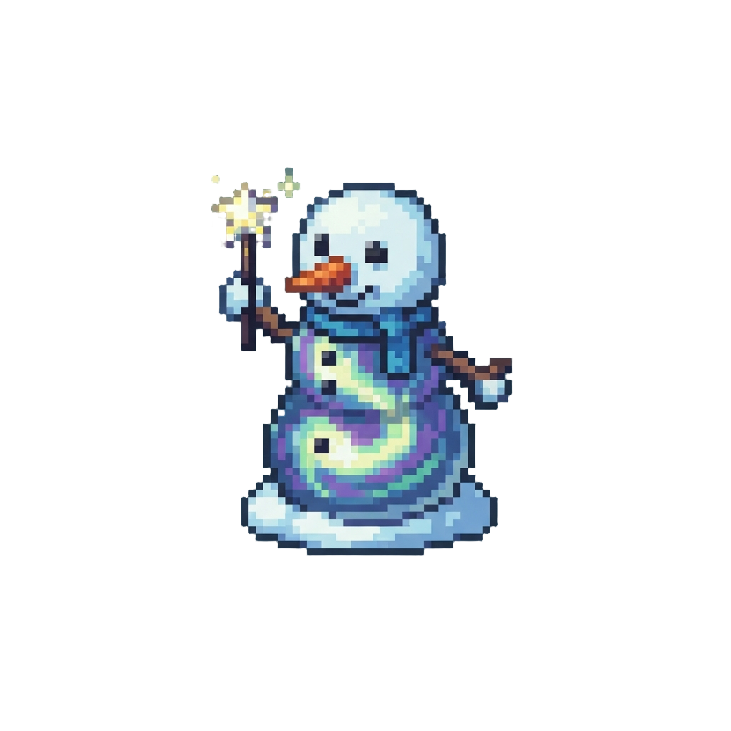 A Magical Glittering Aurora Snowman Waving a Glowing Wand