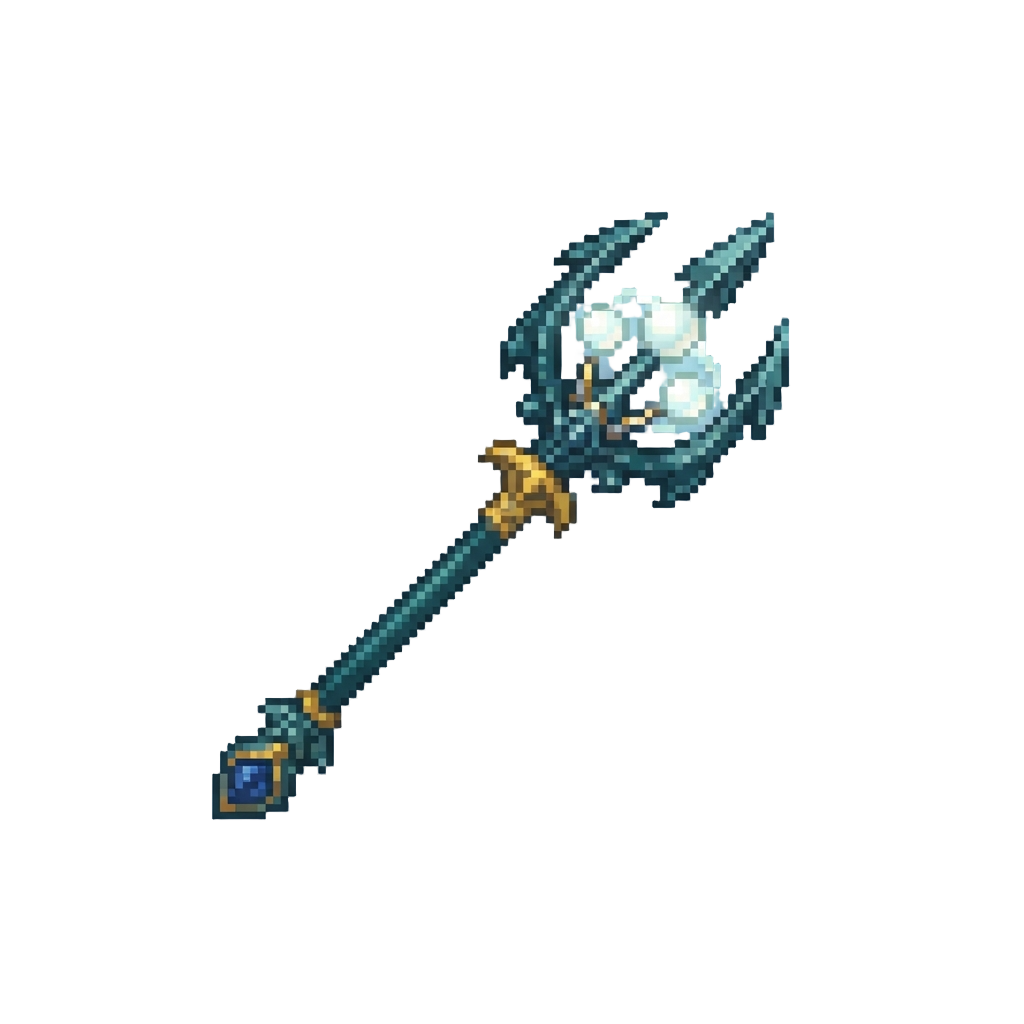 A Majestic Leviathan Trident Crowned with Orbiting Glowing Pearl Orbs