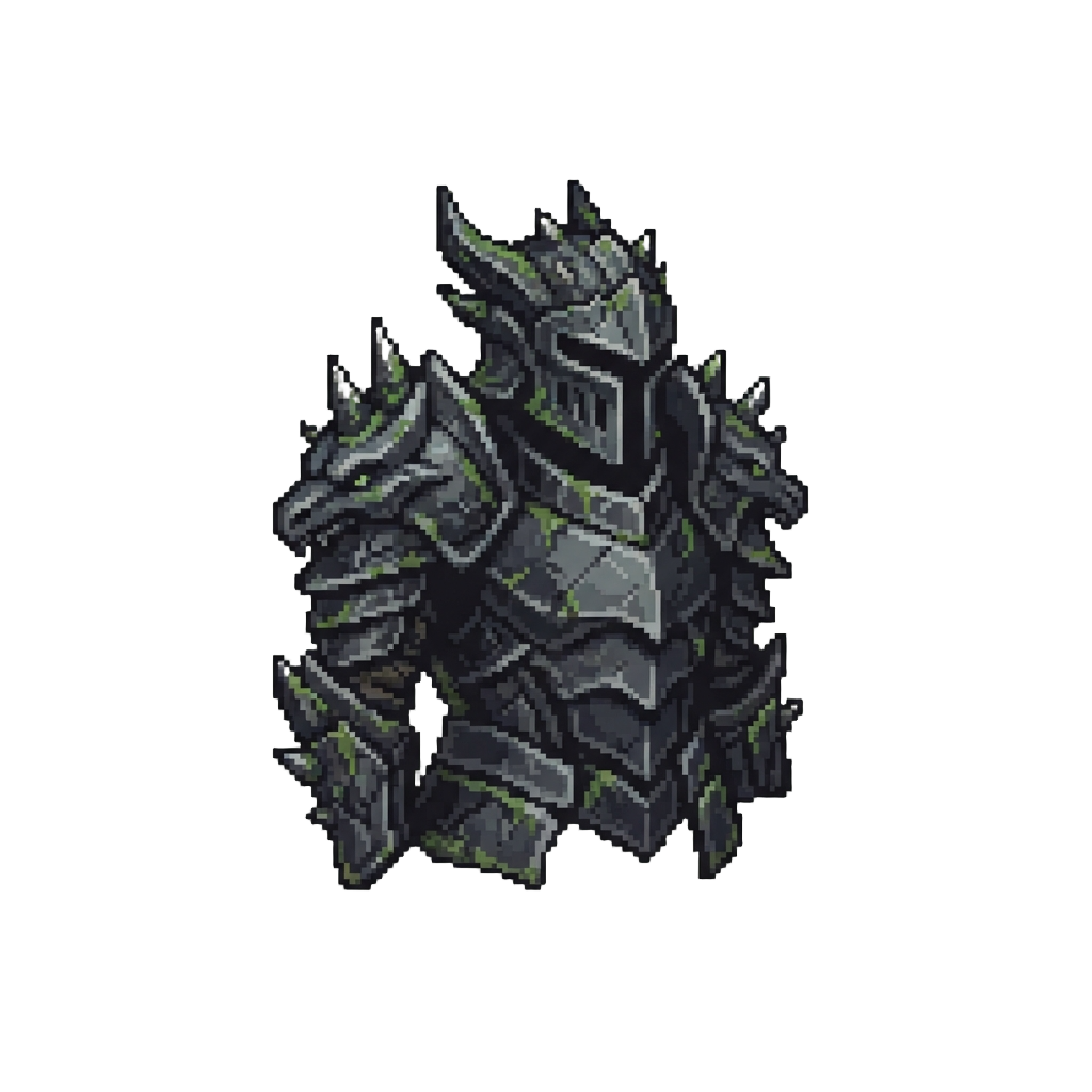 An Impenetrable Obsidian Dragon-plate Armor Bristling with Mossy Spikes