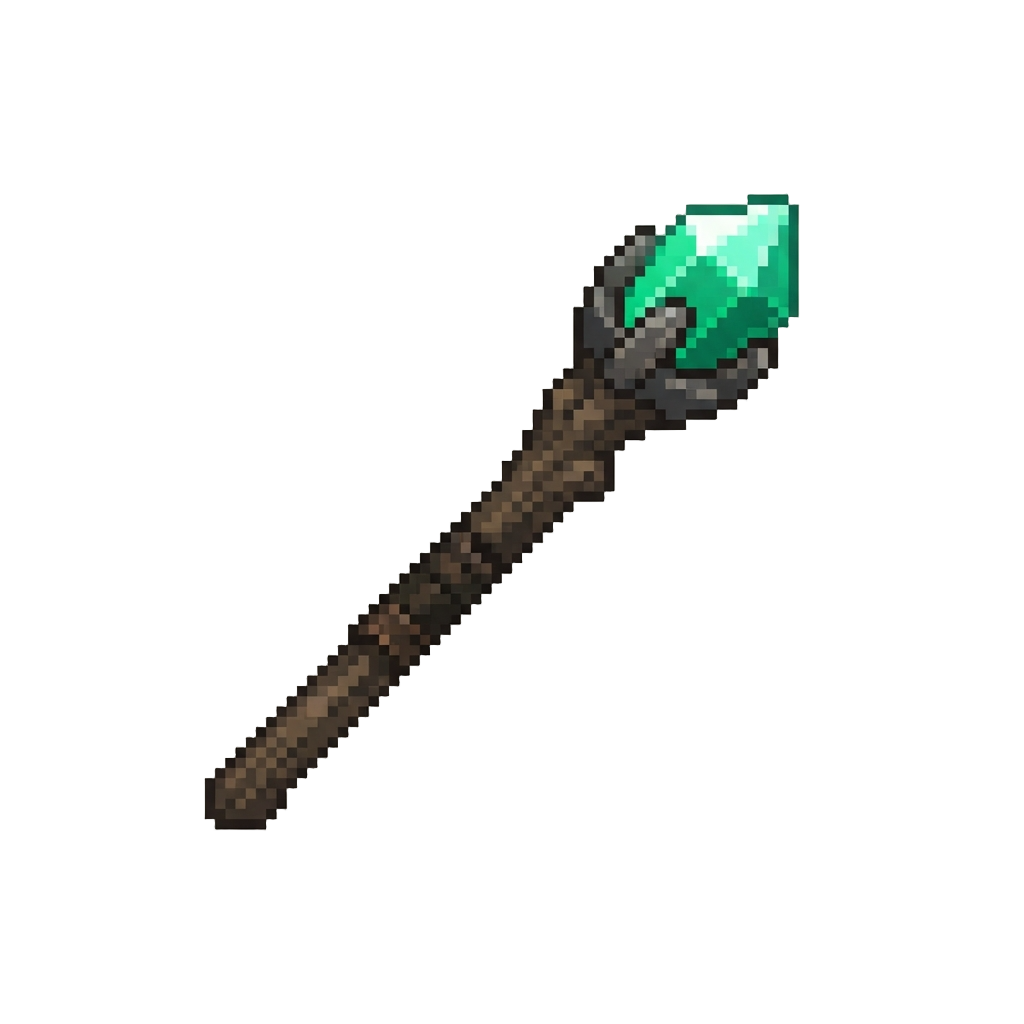 A Petrified Ironwood Staff Topped with an Emerald Cavern Crystal