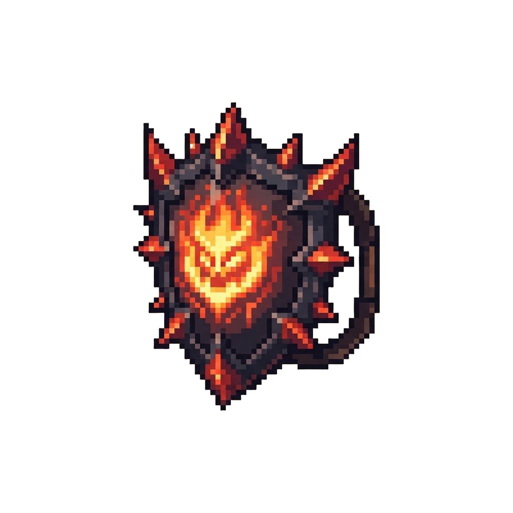 A Spiked Inferno Shield Pulsing with Rhythmic Firelight