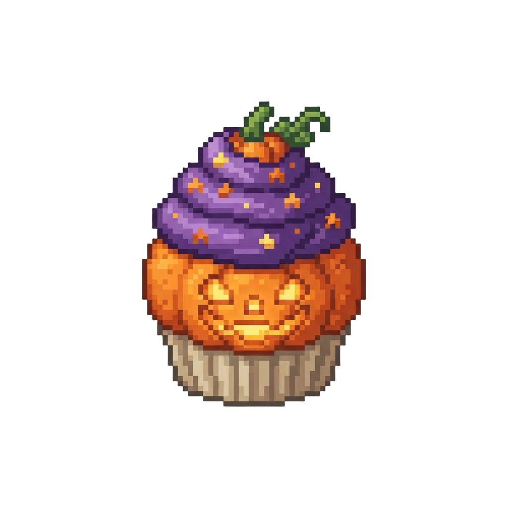 A Glowing Jack-o'-lantern Pumpkin Cupcake with Purple Buttercream Frosting