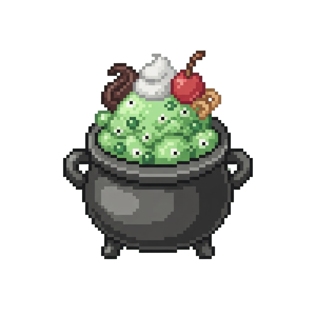 A Witch's Cauldron Sundae with Bubbling Green Matcha Ice Cream and Mini Candy Eyes