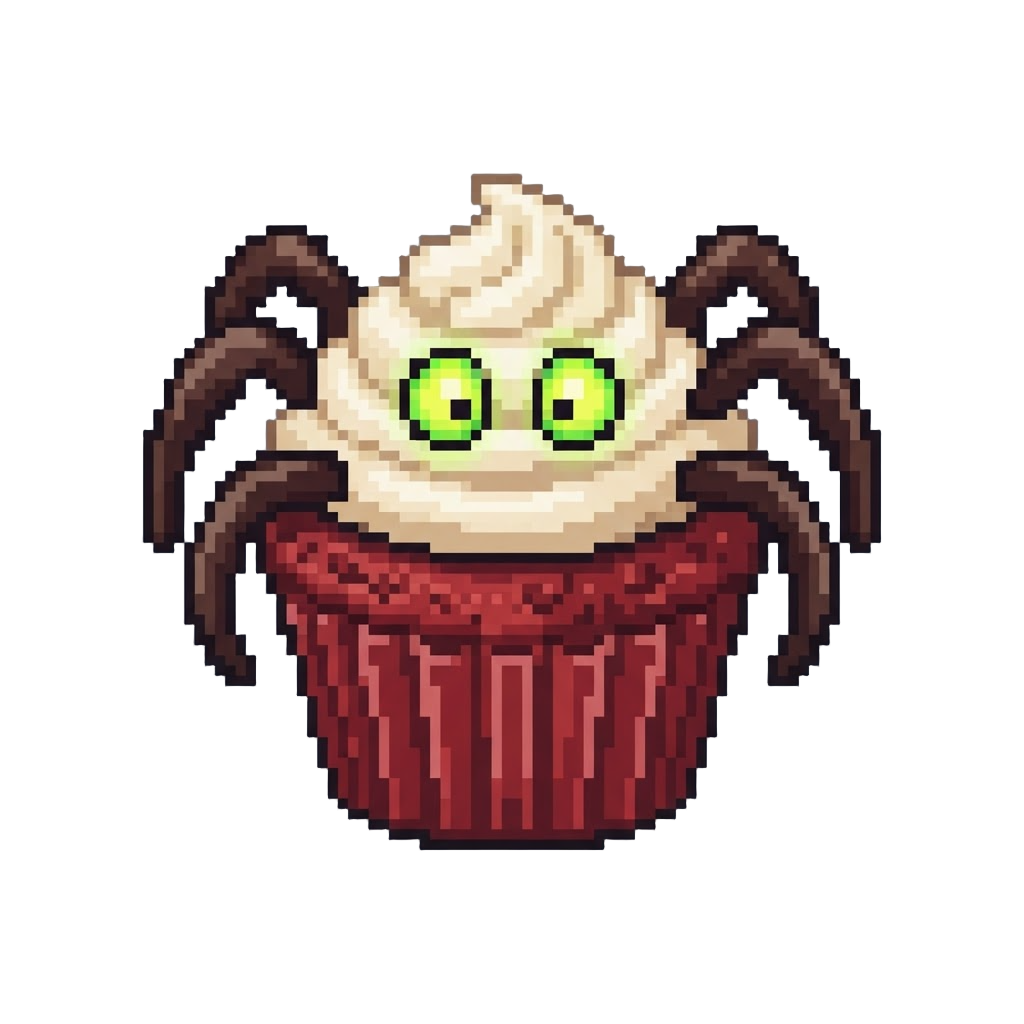 A Red Velvet Spider Cupcake with Candy Legs and Glowing Sugar Eyes