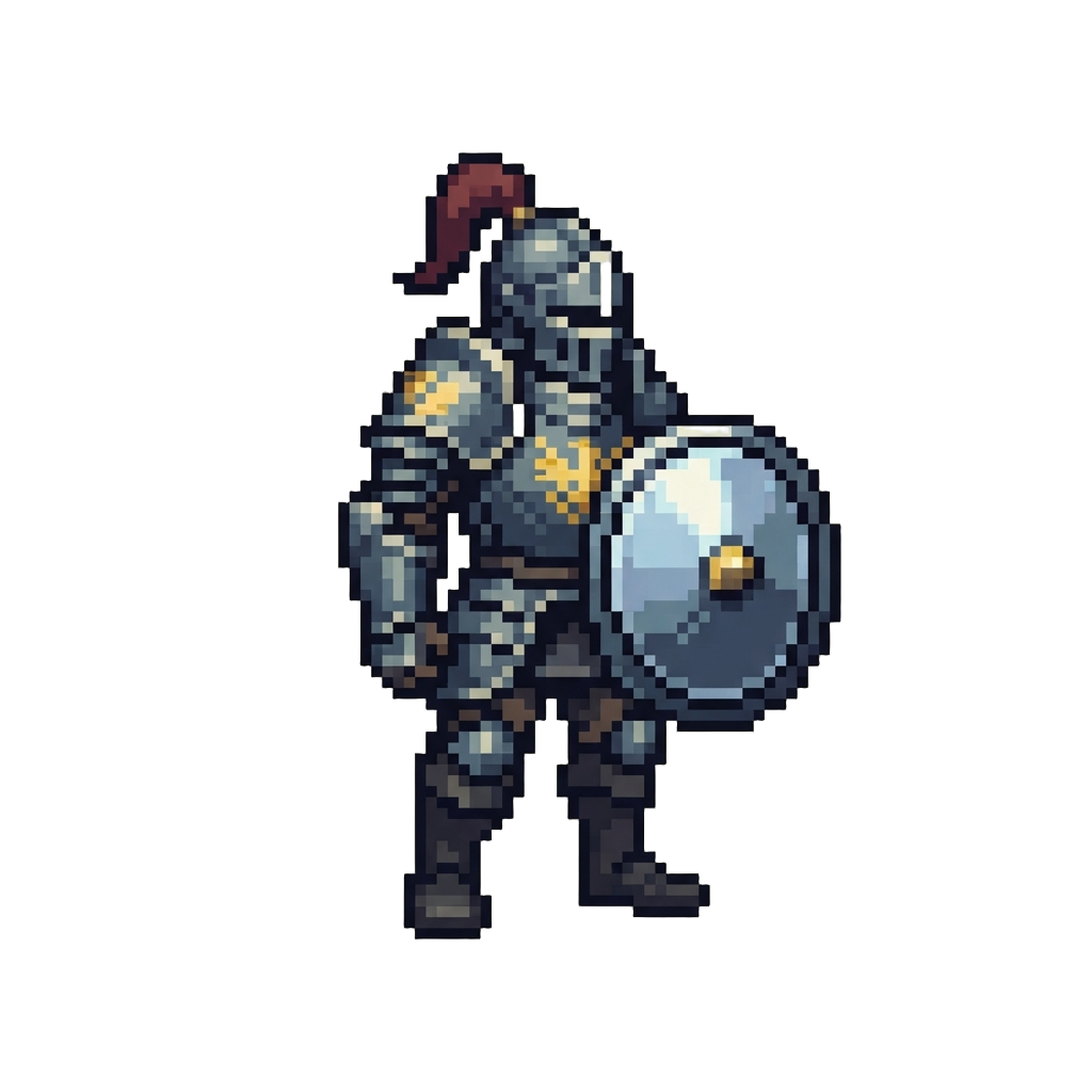 A Sleek Armored Vanguard Bearing a Golden Crest and Mirrored Battle Shield