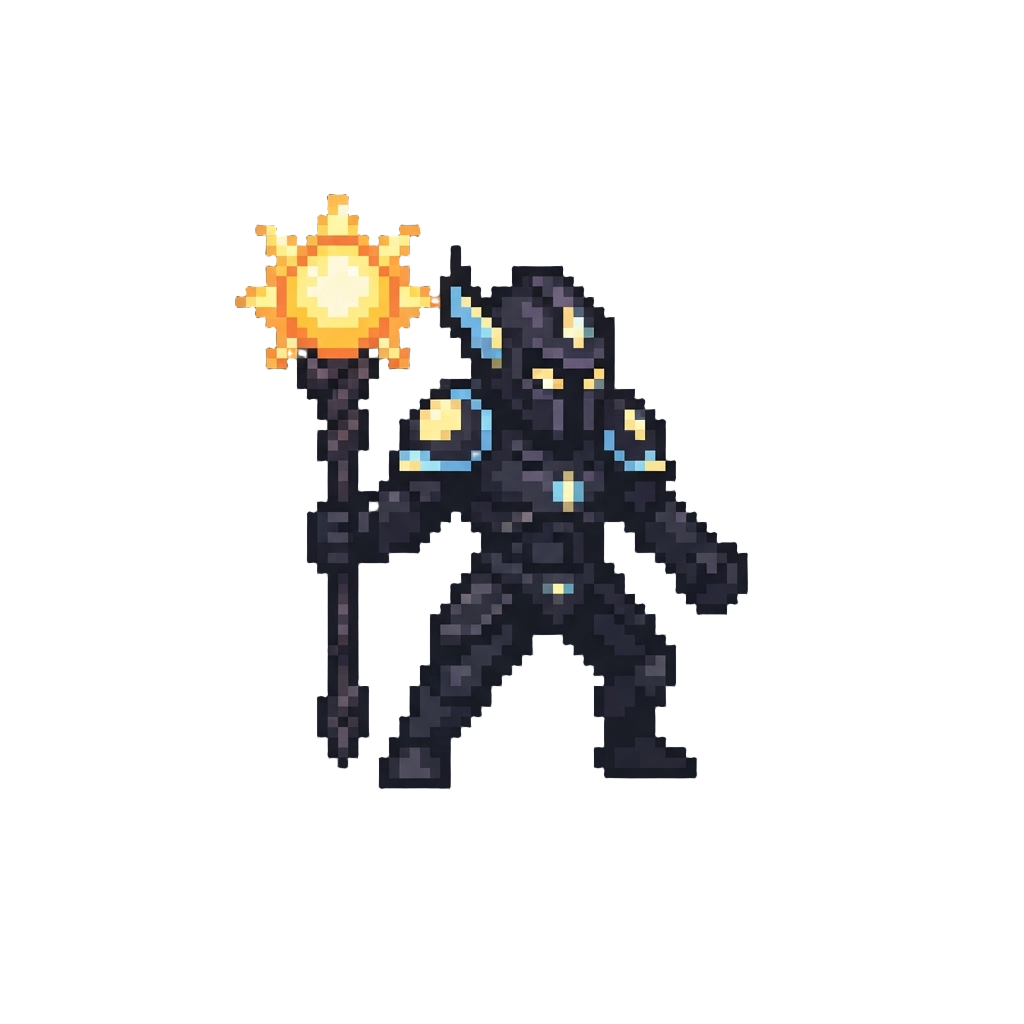 A Luminous Void Sentinel Holding a Radiant Sun-staff