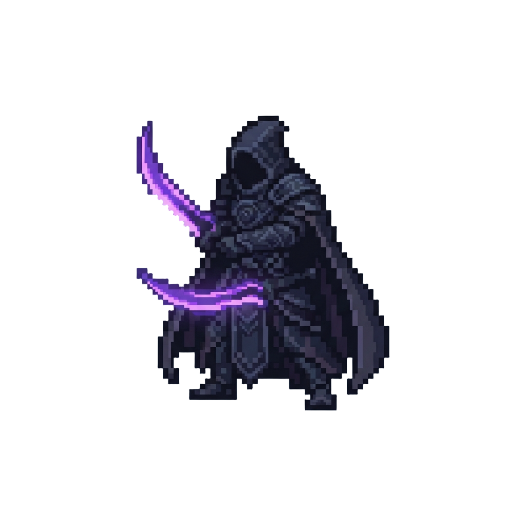 A Cosmic Shadow-master with Glowing Neon Purple Blades