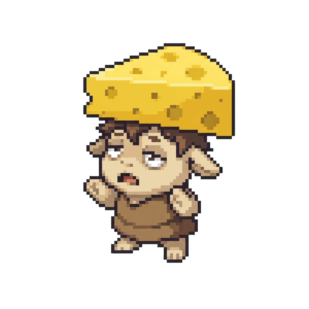 A Dazed Hybrid Wearing a Giant Cheese Wedge on Its Head